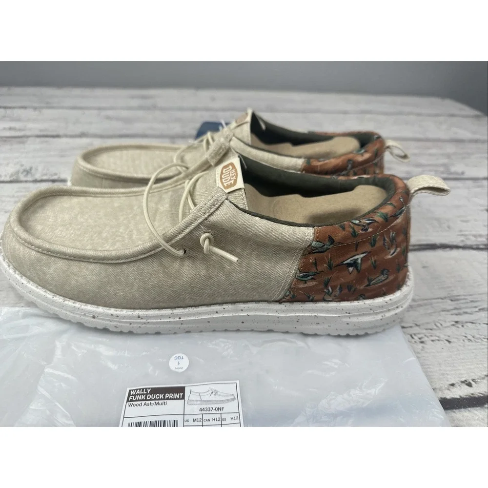 Hey Dude Men's Wally Funk Duck Print Wood Ash/Multi Slip-on Sneakers Size 12 NEW